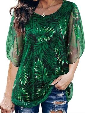 Sese Code, Palm-Print Sheer Flutter Sleeve Women's Top
